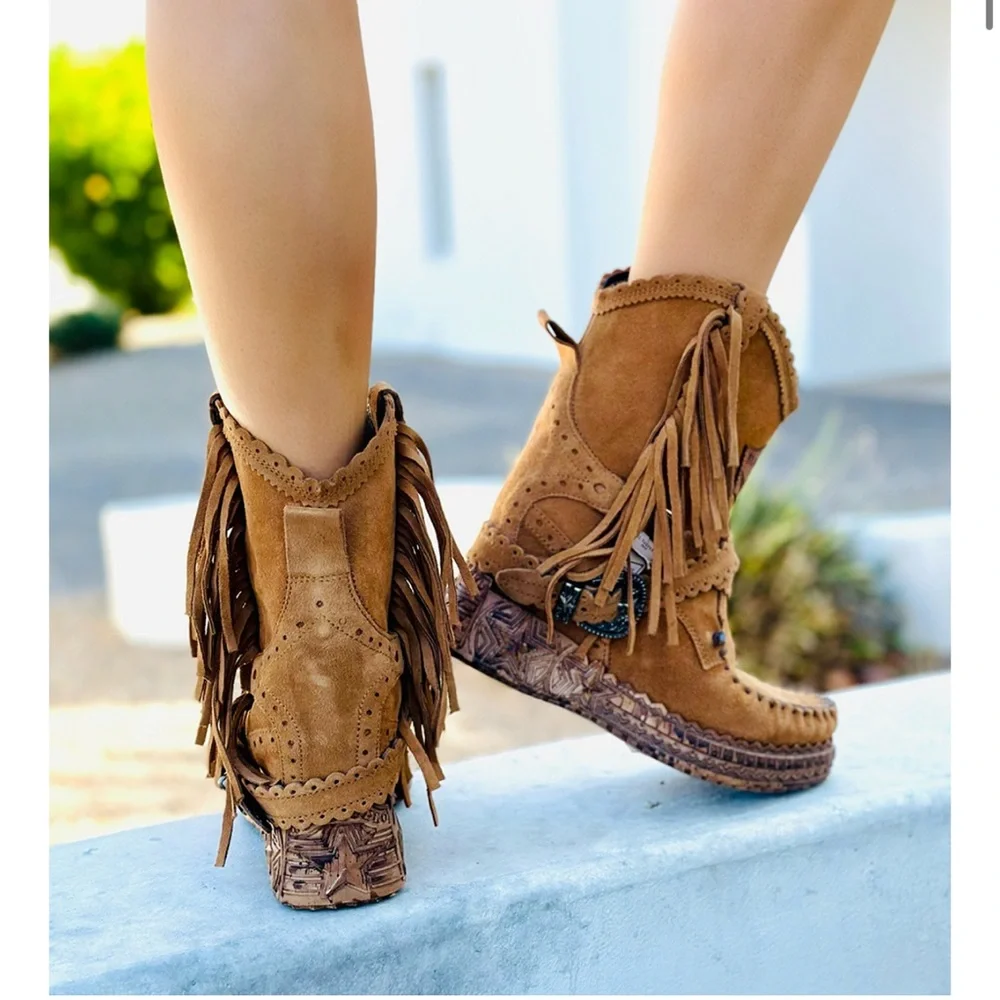 EL VAQUERO BROWN MOCCASIN WEDGE BOOTS SIZE 37 7 - Picture 2 of 6